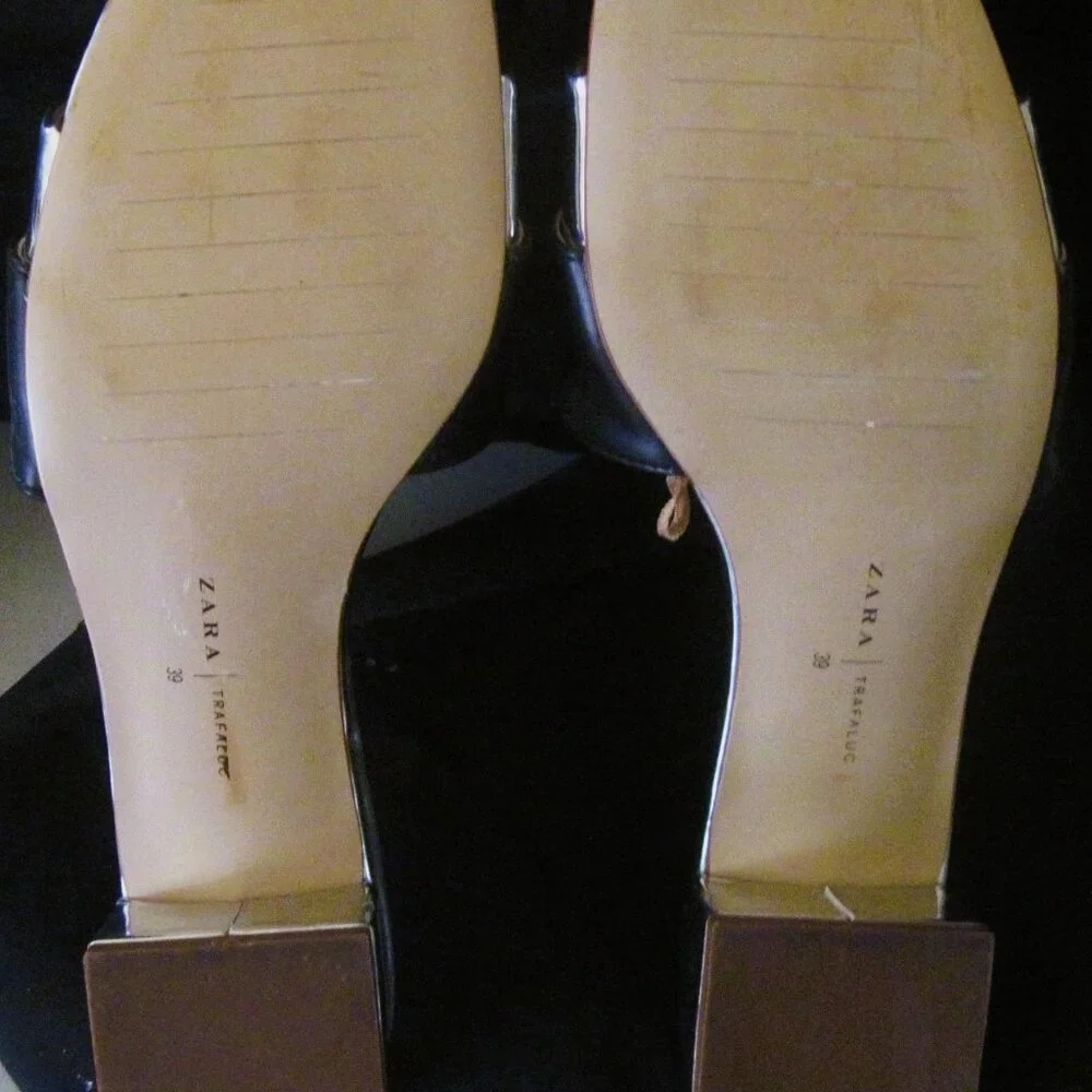 ZARA-Trafaluc-Women's-Shoes-Sandals Size 8W-Black/Silver-Block Heel-Flax Leather - Picture 3 of 4